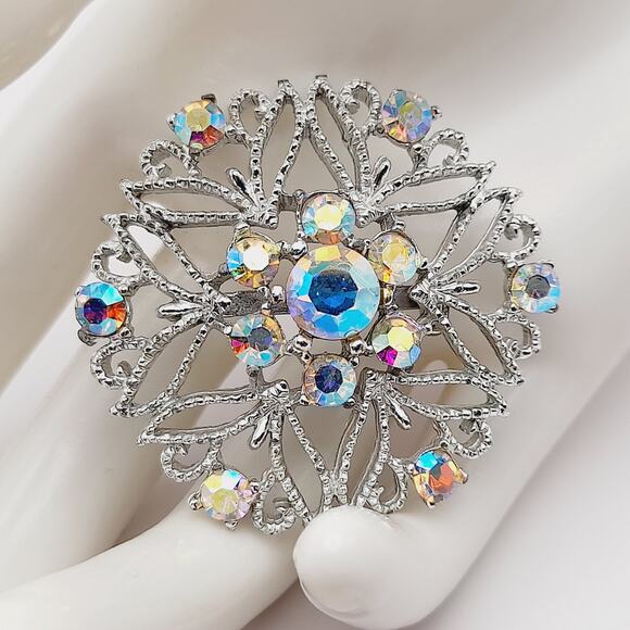Vintage Snowflake Silver Tone Aurora Borealis Rhinestones 1 3/4 Inch Brooch - Picture 2 of 10